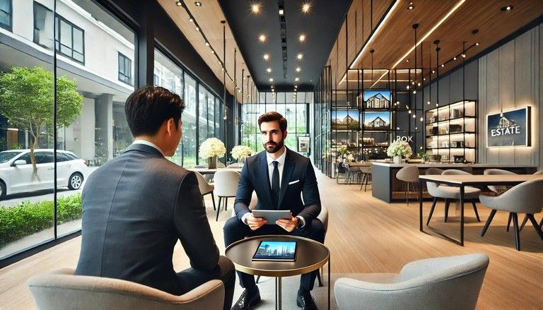 Une photographie mettant en scène un gestionnaire immobilier de Flagship Immobilier en conversation conviviale avec un locataire au sein d'un local commercial moderne. Le gestionnaire tient une tablet